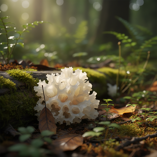 Tremella fuciformis beauty mushroom growing in a forest
