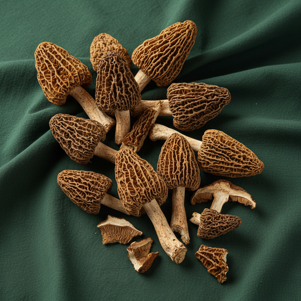 Dried morel mushrooms with distinctive honeycomb caps on a dark green background