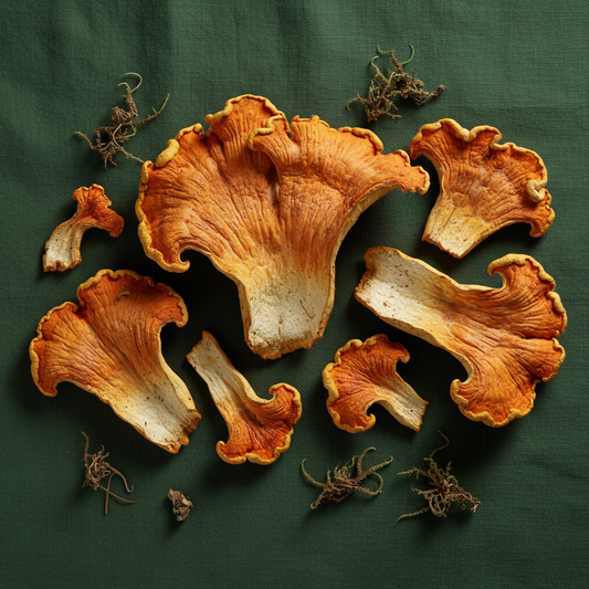 Dried Chicken of the Woods mushrooms with bright orange and yellow layers on a dark green background