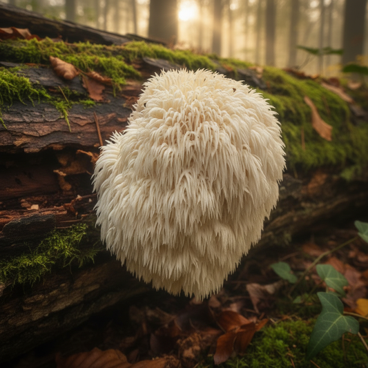 Wild Lion's Mane mushroom growing in a northern forest
